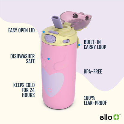 Ello Ellies 12oz Vacuum Insulated Stainless Steel Kids Water Bottle with Straw and Built-in Carrying Handle and Leak-Proof Locking Lid for School Backpack, Lunchbox and Outdoor Sports, Unicorn