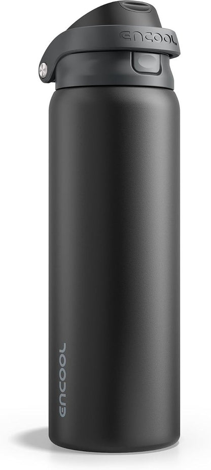 ENCOOL Insulated Water Bottle - Leakproof Dual-Sip Design | Keeps Drinks Cold All Day, 24 oz, Jet Black