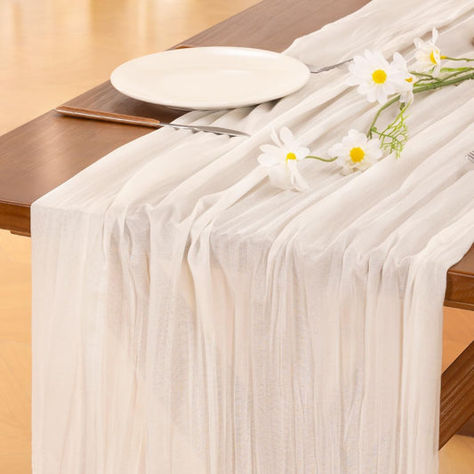 Socomi Ivory White Cheesecloth Table Runner - 120 Inch Boho Rustic Sheer Decor for Weddings & Events