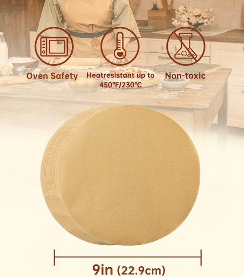 Katbite 200 Pcs 9-Inch Unbleached Parchment Paper Rounds - Non-Stick Precut Circles for Cheesecakes & Burgers
