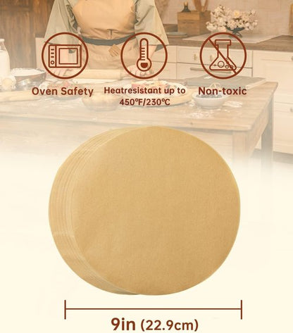 Katbite 200 Pcs 9-Inch Unbleached Parchment Paper Rounds - Non-Stick Precut Circles for Cheesecakes & Burgers
