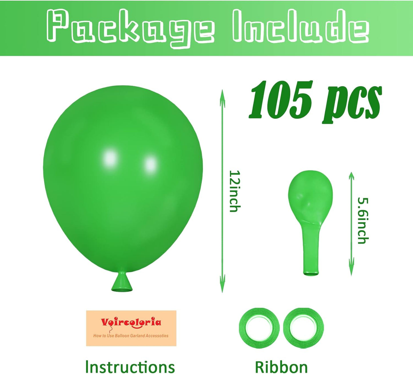 Voircoloria 12-Inch Green Latex Balloons - 105 Pcs for Birthday, Dinosaur, and St. Patrick's Day Parties