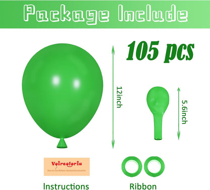 Voircoloria 12-Inch Green Latex Balloons - 105 Pcs for Birthday, Dinosaur, and St. Patrick's Day Parties