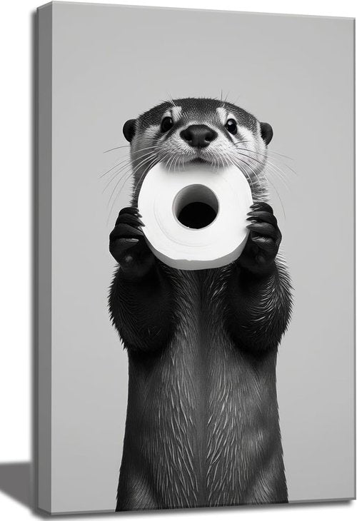 Funny Otter Wall Art - Humorous Black and White Canvas Print for Bathroom Decor | 12x16''