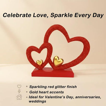 Double Heart Sculpture - Romantic Room Decor with Gold Accents | 7.9" Faux Beaded Statue for Anniversary & Wedding Gifts