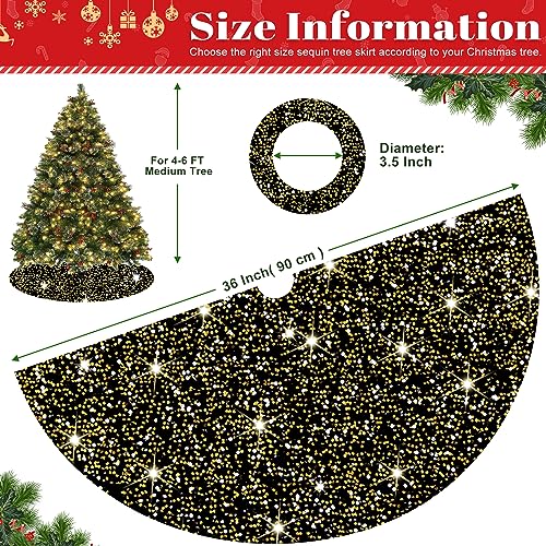 Black and Gold Sequin Christmas Tree Skirt 36 Inch Velvet Holiday Decor