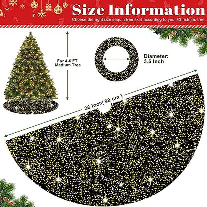 Black and Gold Sequin Christmas Tree Skirt 36 Inch Velvet Holiday Decor