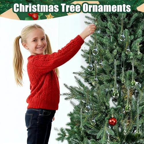 Glass Ice Drops 30mm Christmas Teardrop Ornaments - Clear Crystal Glass Raindrop Decorations for Tree & Chandelier - Set of 8