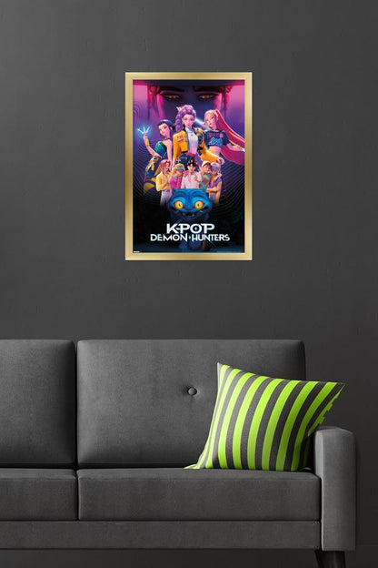 Netflix KPop Demon Hunters Wall Poster - Gold Framed, 22.4L x 14.7W for Stylish Decor