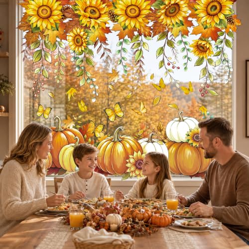 Fall Window Clings Pumpkin Sunflower Decor 8 Sheets Autumn Glass Stickers