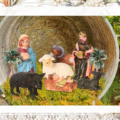 Nativity Scene Set 27 Pieces Christmas Figures Baby Jesus Holy Family Stable Model with Trees & Moss - Realistic Design (Variation of THIS listing)
