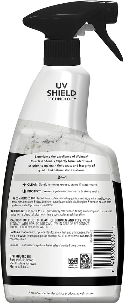 Weiman Quartz Countertop Cleaner - UV Protection for Stone Surfaces | 24 Ounce with Microfiber Towel, 2 Pack