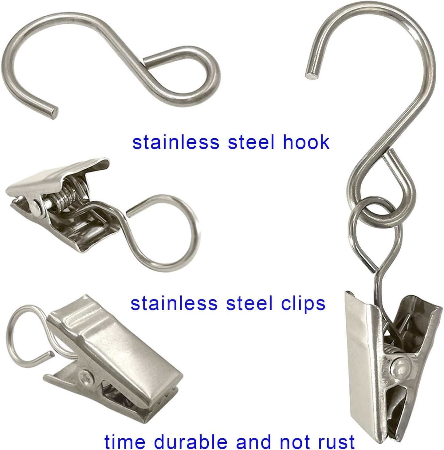 Stainless Steel S Hooks - 50 Pack Curtain Clips for Hanging Lights & Art Displays | 2.4 Inch, Silver