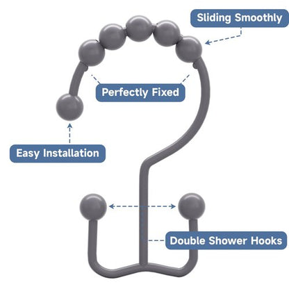 Titanker Shower Curtain Hooks Rings, Rust-Resistant Metal Double Glide Shower Hooks for Bathroom Shower Rods Curtains, Set of 12 Hooks - Neutral Gray