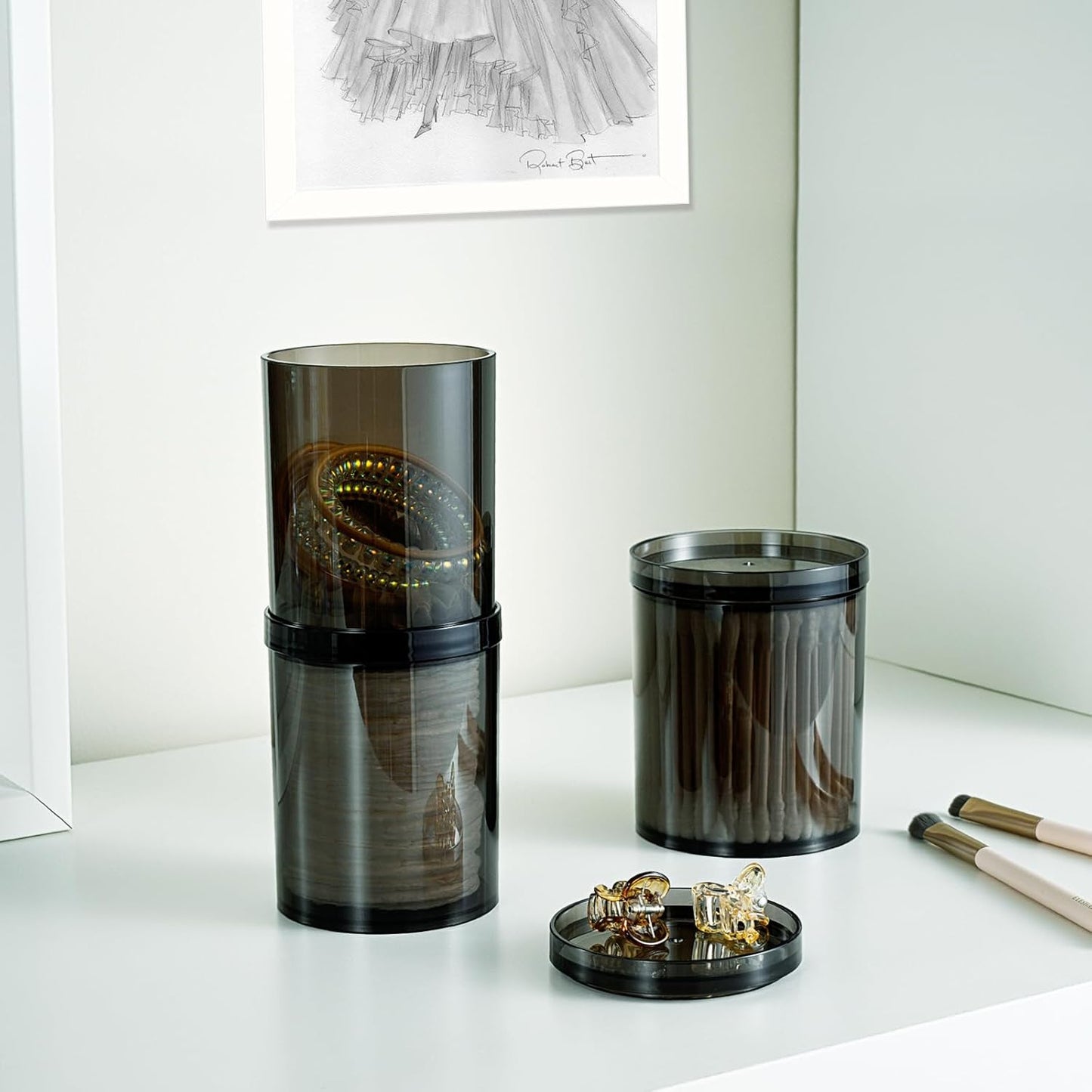 SheeChung Qtip Holder Set - 12 oz Apothecary Jars with Lids | Stylish Bathroom Organizer in Translucent Black