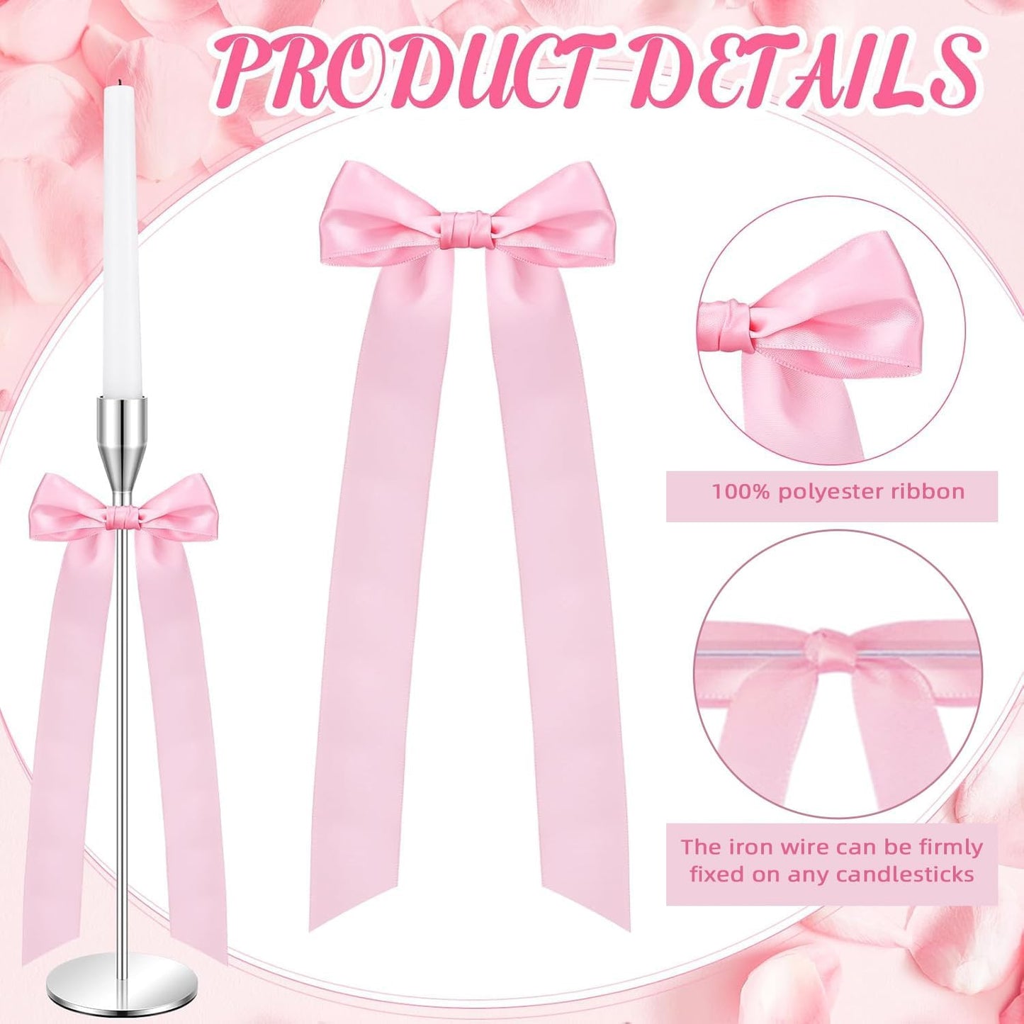 Skiennix 16-Piece Pink Candlestick Bow Set - Elegant 13-Inch Ribbon Bows for Weddings & Home Decor