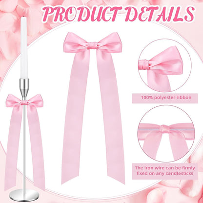 Skiennix 16-Piece Pink Candlestick Bow Set - Elegant 13-Inch Ribbon Bows for Weddings & Home Decor