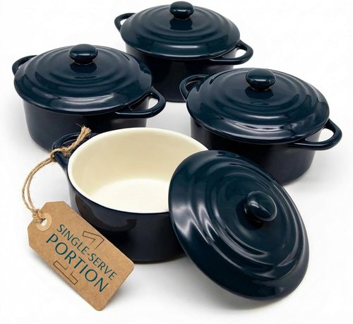 Kook Ceramic Mini Cocotte Set - 12 oz Individual Baking Ramekins | Oven Safe, Microwave & Dishwasher Safe, Navy - Set of 4