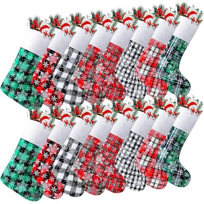 Christmas Stockings Bulk Set 16 Pcs 15 Inch Buffalo Plaid Fireplace Decor