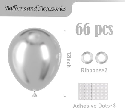 Voircoloria Metallic Silver Balloons - 12 Inch Chrome Latex Party Balloons | 66 Pack for Celebrations