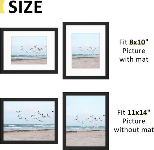 Frametory 11x14 Picture Frame - Display 8x10 Photos with Mat or 11x14 Without Mat, Shatter-Resistant Glass, Black