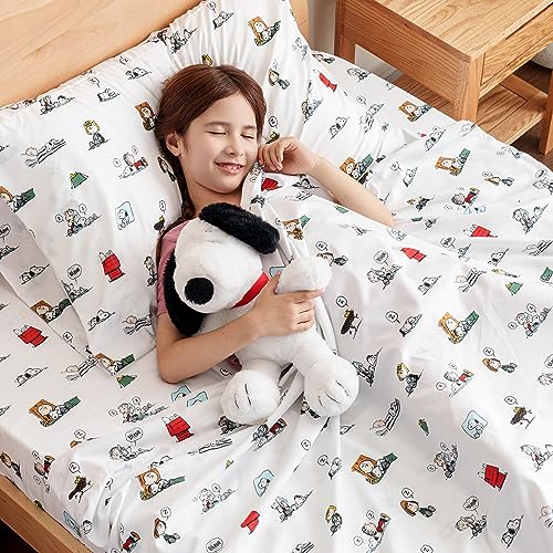 Berkshire Blanket Peanuts® Kids Sheet Set, Full Size - 4 Pieces, Peanuts® Sleeping Colorized Sheet Scale White, Cute Character Snoopy Printed Soft Microfiber Bed Sheets