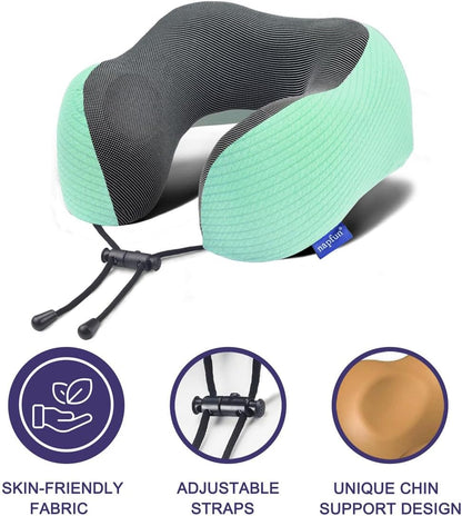 Napfun Neck Pillow - Memory Foam Travel Pillow with Pouch, Sleep Mask & Earplugs | Turquoise Striped Kit