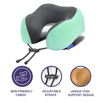napfun Neck Pillow for Travel with Travel Pouch, Sleep Mask & Earplugs, Memory Foam Airplane Pillow for Headrest Sleep with Eyeshades, Plane Essentials with Eye Blindfold, Turquoise Striped Kit