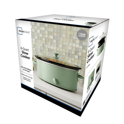 Mainsttays 6 Quart Oval Slow Cooker, Sage Green Finish, Glass Lid, Removable Stoneware Crock, Three Temperature Settings, Cool-Touch Lid Handle, Dishwasher Safe Parts, Model MS54100112168S
