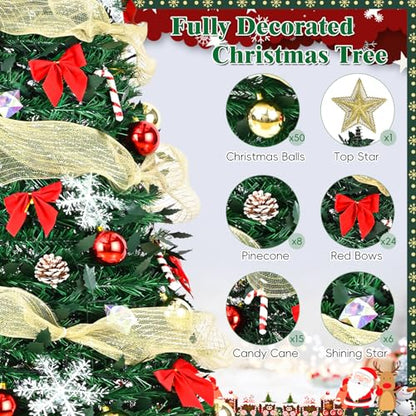 Pre-Lit 6FT Artificial Christmas Tree with Ornaments & Remote Control