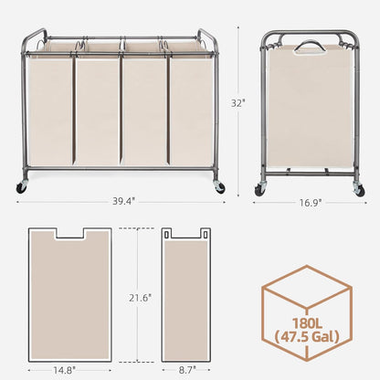Storage Maniac Laundry Sorter - 4-Section 47.8 Gal Hamper Cart with Wheels & Removable Bags | Beige