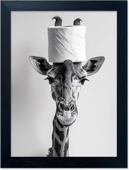 Giraffe Bathroom Wall Art | Funny Black and White Decor with Toilet Paper Roll | Framed Canvas Print