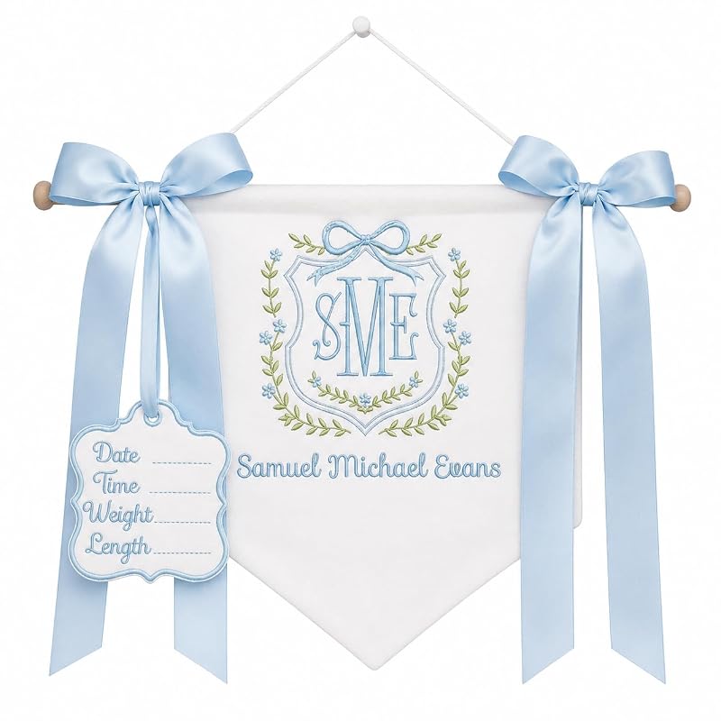 Personalized Baby Banner with Name - Embroidery on Cotton Canvas, 12x11 in AM-AOFB-06