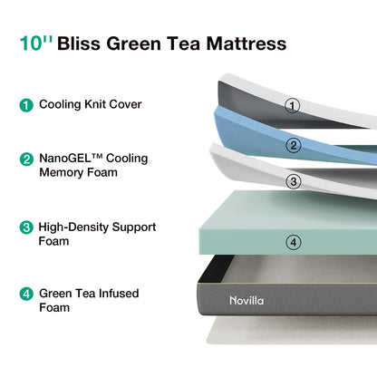 Novilla Bliss Green Tea Memory Foam Twin XL Mattress, 10 Inch XL Twin Mattress for Kids for Refreshing Sleep with Cool-Touch Nylon Cover, Zone Support & Pain Relief with CertiPUR-US Certified Foams