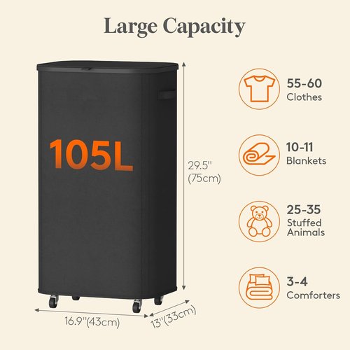 Lifewit 105L Laundry Basket - Large Rolling Hamper with Lid & Removable Bag | Black