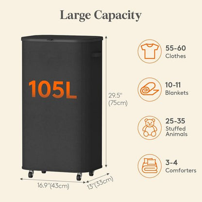 Lifewit 105L Laundry Basket - Large Rolling Hamper with Lid & Removable Bag | Black