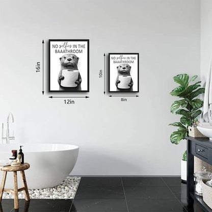 Framed Funny Bathroom Wall Art - Cute Otter Holding Toilet Paper | Black and White Canvas Print - 8x10in