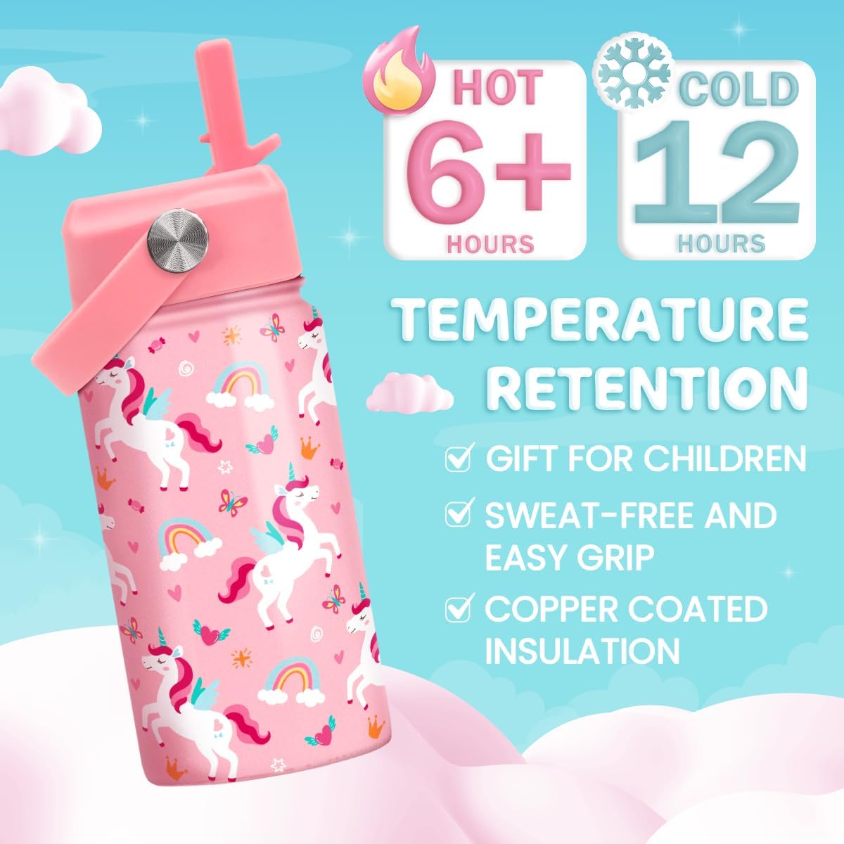 Skiennix Unicorn Water Bottle - 12 Oz Insulated Stainless Steel with Straw Lid | Perfect for Kids' School Sports