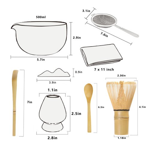 Japanese Matcha Set - (8 pcs) Matcha Whisk Set Matcha Bowl with Pouring Spout Bamboo Matcha Whisk (chasen) Scoop (chashaku) Matcha Whisk Holder Tea Making Kit (8pcs/set, Gray Matcha bowl)