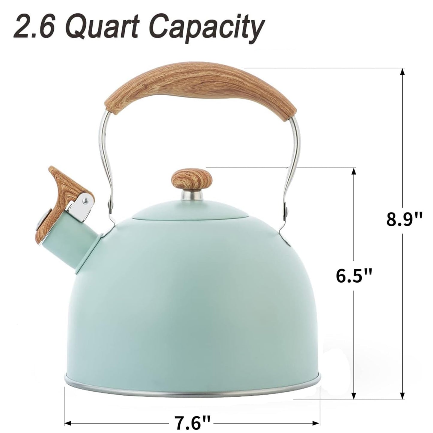 YTCYKJ Water Kettle,2.6 Quart Whistling Tea Kettle, Food Grade Stainless Steel Whistling Tea Pot with Wood Pattern Handle,Works For All Stovetops(Green-2.6 Quart)