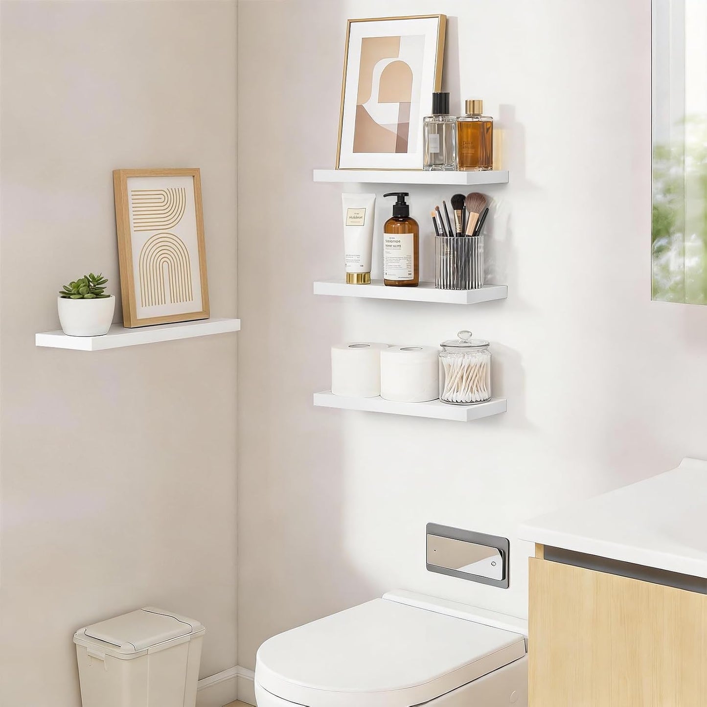 BAYKA Floating Wall Shelves - Rustic Wood Design for Home Decor | 15.7in, Set of 4, 22lbs Capacity (White)