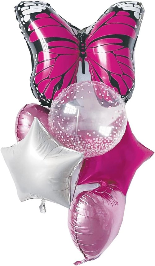 Butterfly Foil Balloon Set by [Brand Name] - 6 Pink & White Balloons with Polka Dots