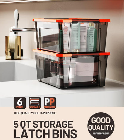 WYT 5-Quart Storage Container Bin - Durable Plastic with Orange Lid & Black Latch | 6-Pack