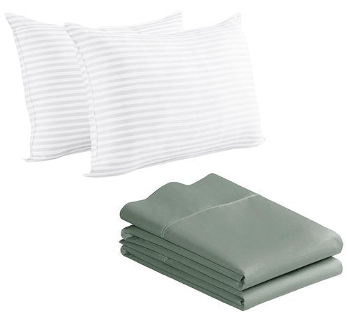 California Design Den 4 Piece Bedding Bundle - Set of 2 Sage Green Pillowcases, 400 Thread Count, 100% Cotton Sateen with 2 Pack Bed Pillows - King