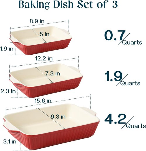 DOWAN Casserole Dishes - Set of 3 Rectangular Ceramic Baking Dishes, 135 Oz Capacity, Red (15.6''/12.2''/8.9'')