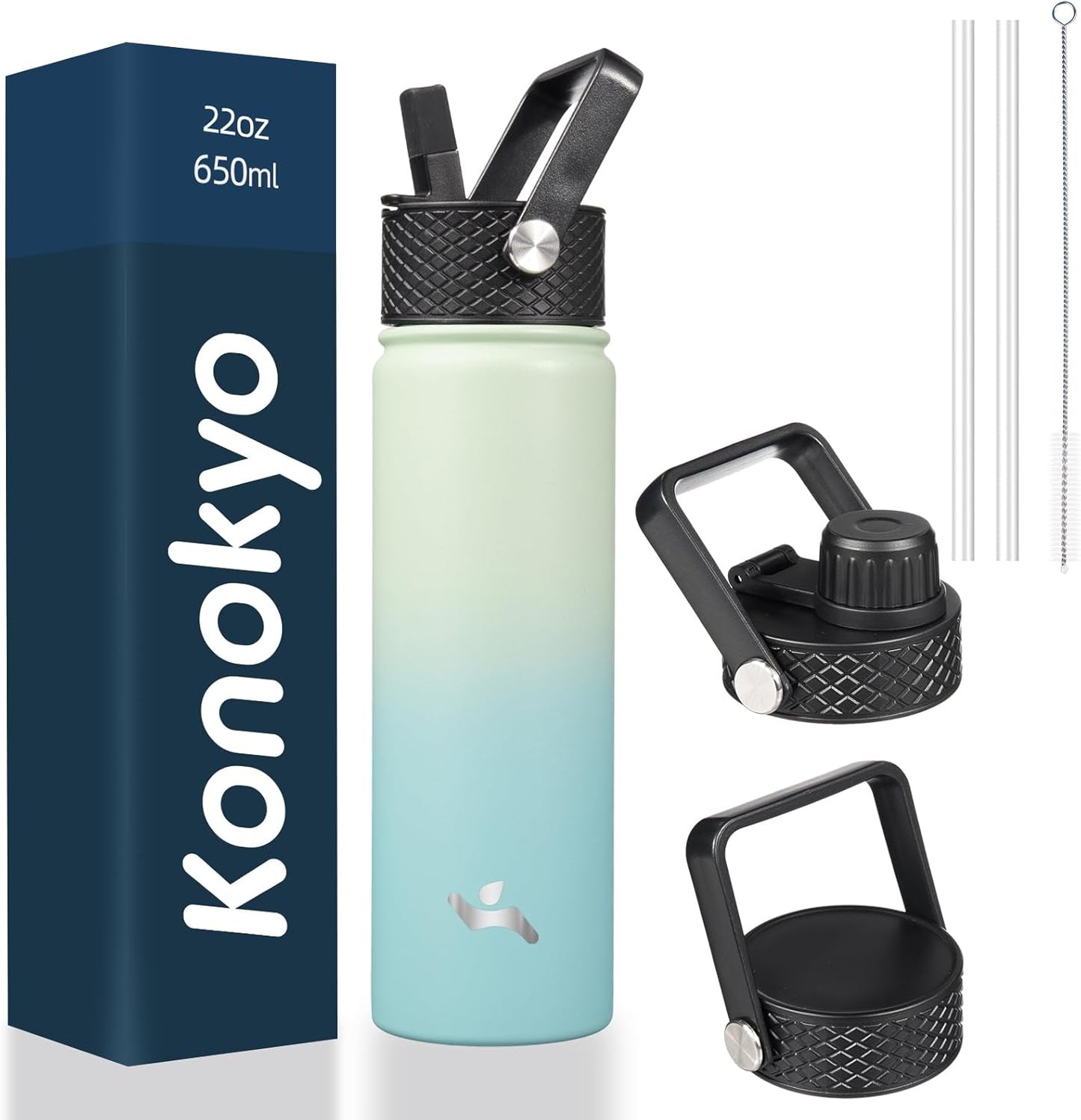 Skiennix 22oz Stainless Steel Insulated Water Bottle - 3 Lids, Mint Color