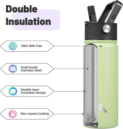 Skiennix 18 oz Insulated Stainless Steel Water Bottle - Sport Design with 3 Lids | Macaron Green