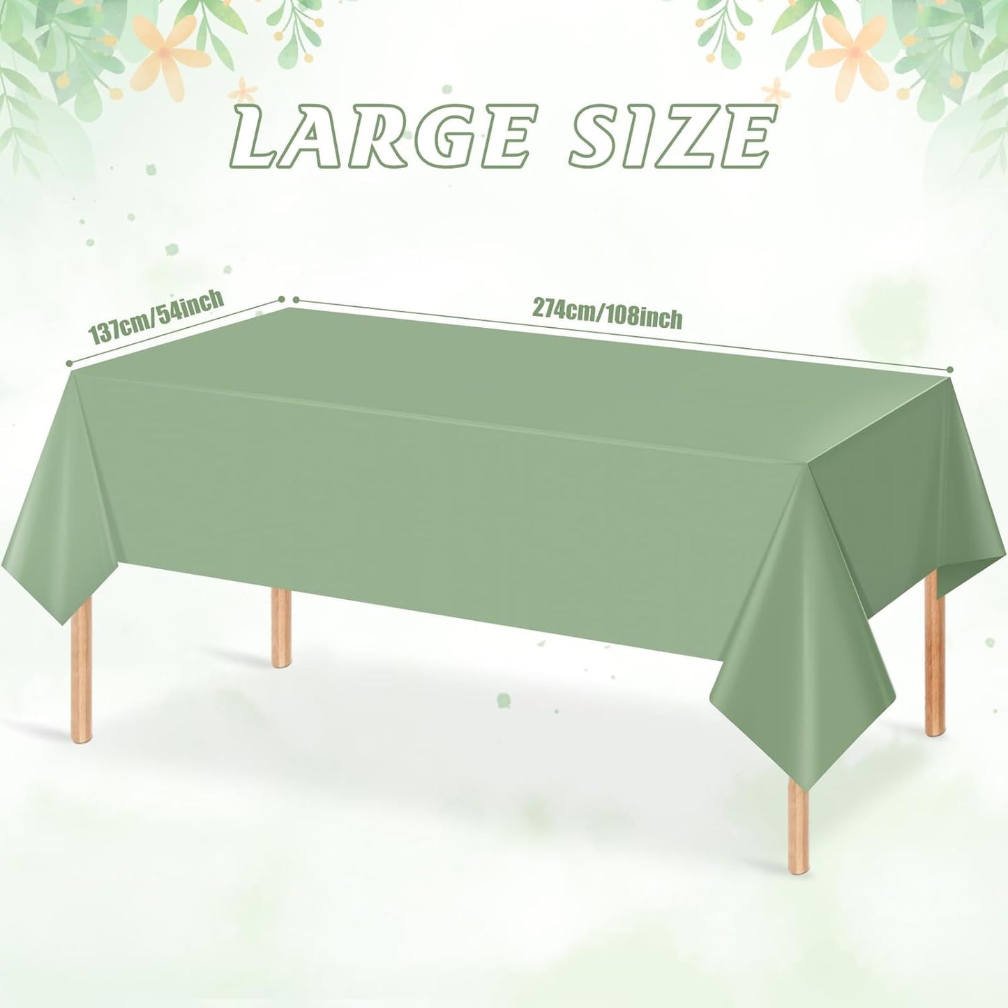 Skiennix Sage Green Tablecloths - Waterproof Disposable Covers for Rectangle Tables | 54 x 108 Inch, 3-Pack