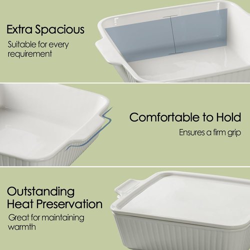 Dizada 10" Square Casserole Dish with Lid - Versatile 2.6 Qt Porcelain Bakeware for Lasagna & Cakes