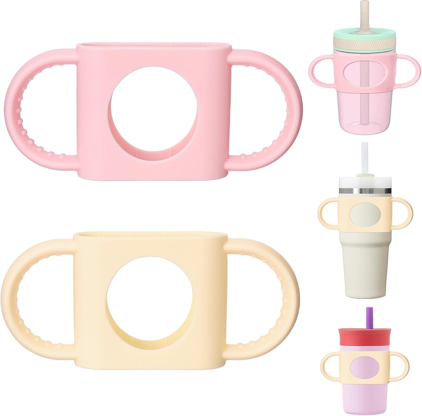 Mity Rain Cup Grip - Silicone Dual-Handle for Owala, Zak, and Stanley Toddler Cups | Beige & Pink